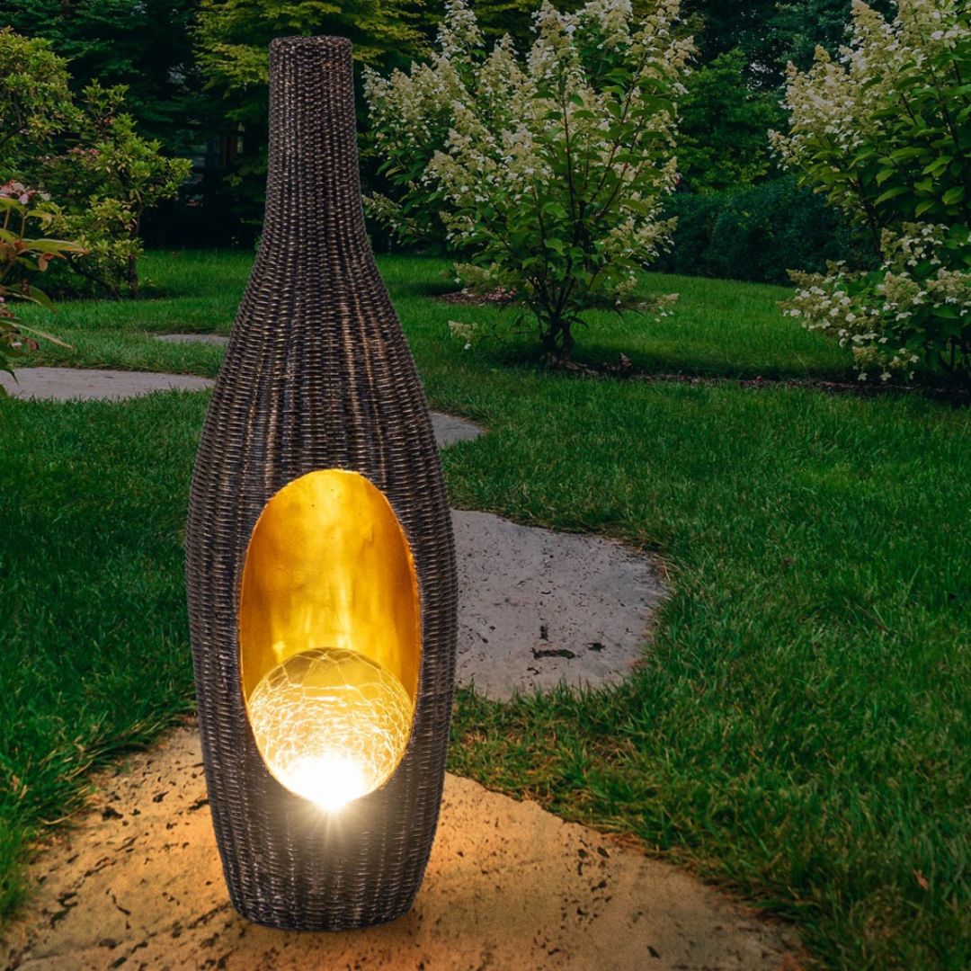 Solar LED Rattan Tuinlamp met Glazen Bol Goud
