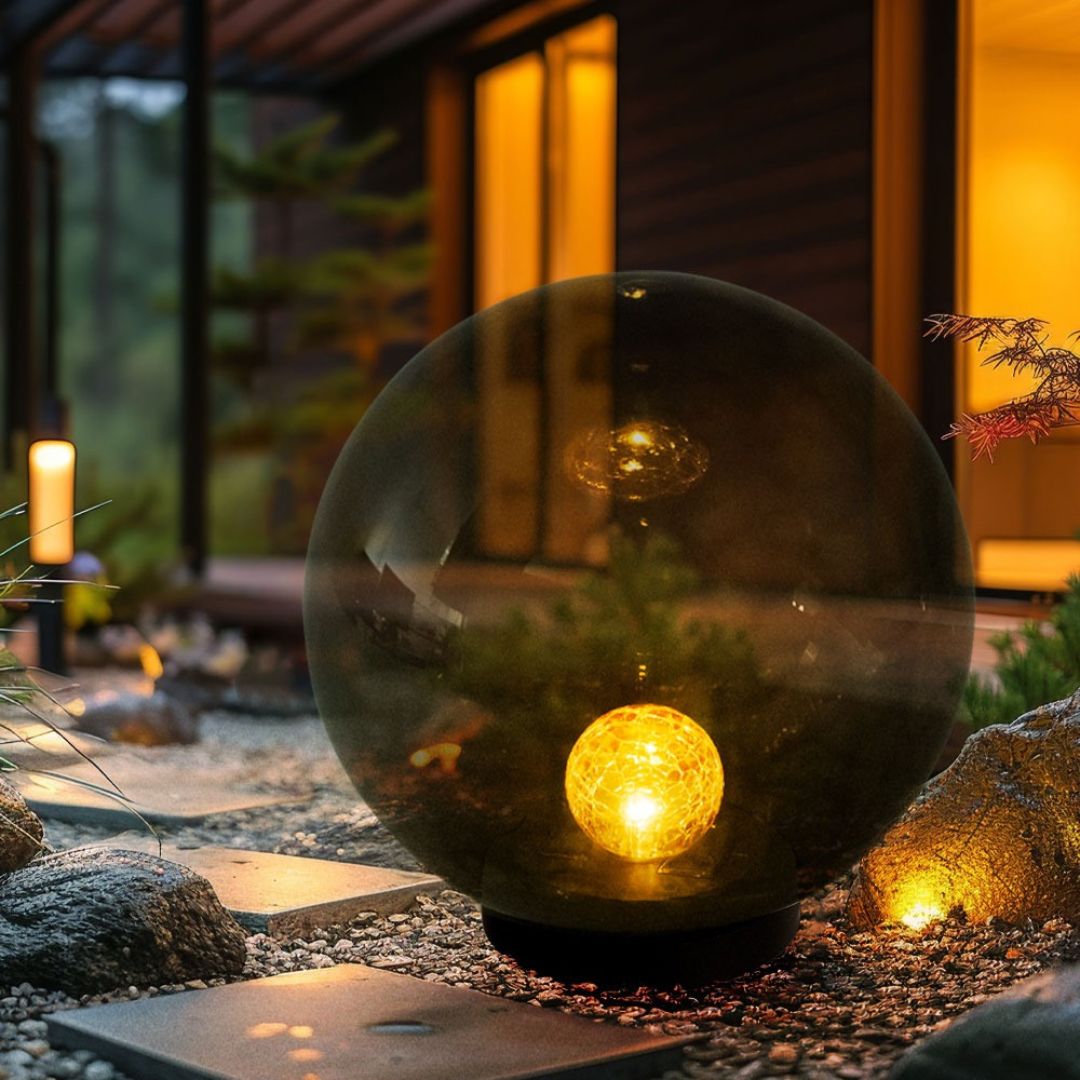 LED Solar Tuinlamp Bol Crackle Glas Zwart IP44