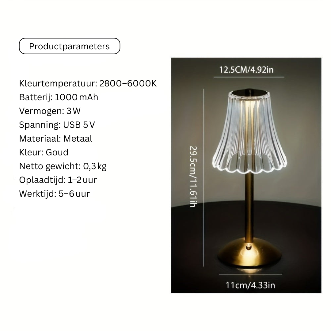 Oplaadbare Draadloze Tafellamp Goud met Plissé Glazen Kap – Vintage Sfeer