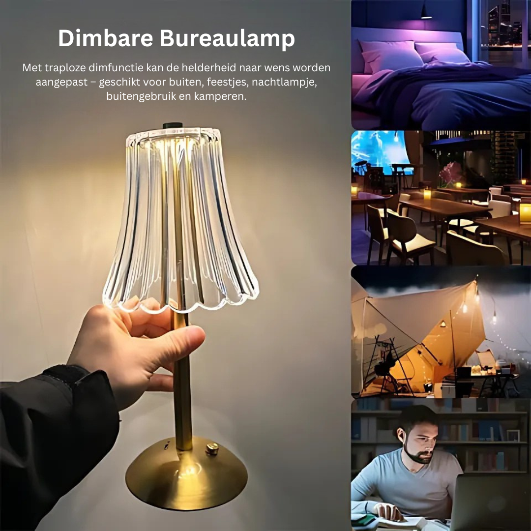 Oplaadbare Draadloze Tafellamp Goud met Plissé Glazen Kap – Vintage Sfeer