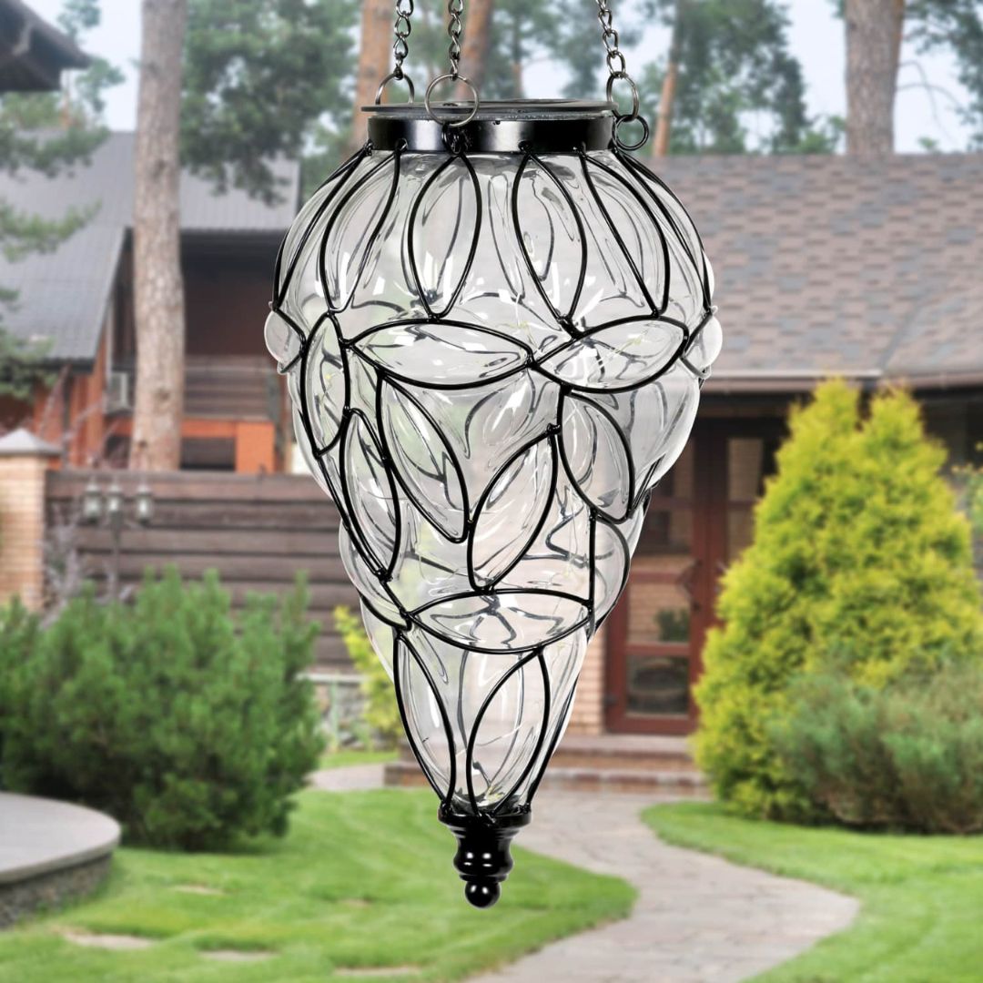 Hangende Solar Lantaarn van Glas met 15 Warm Witte LED-lampjes