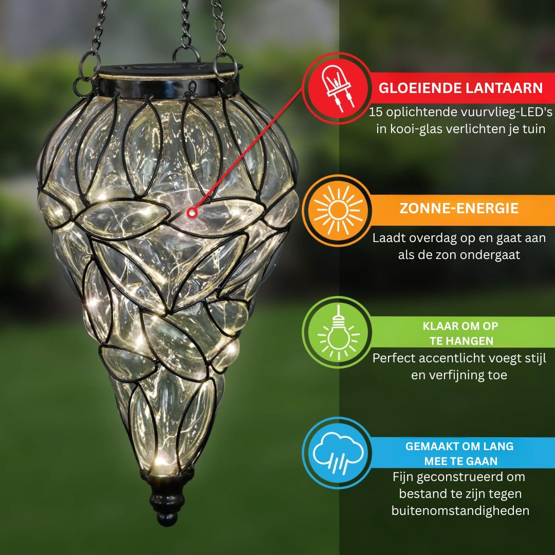 Hangende Solar Lantaarn van Glas met 15 Warm Witte LED-lampjes