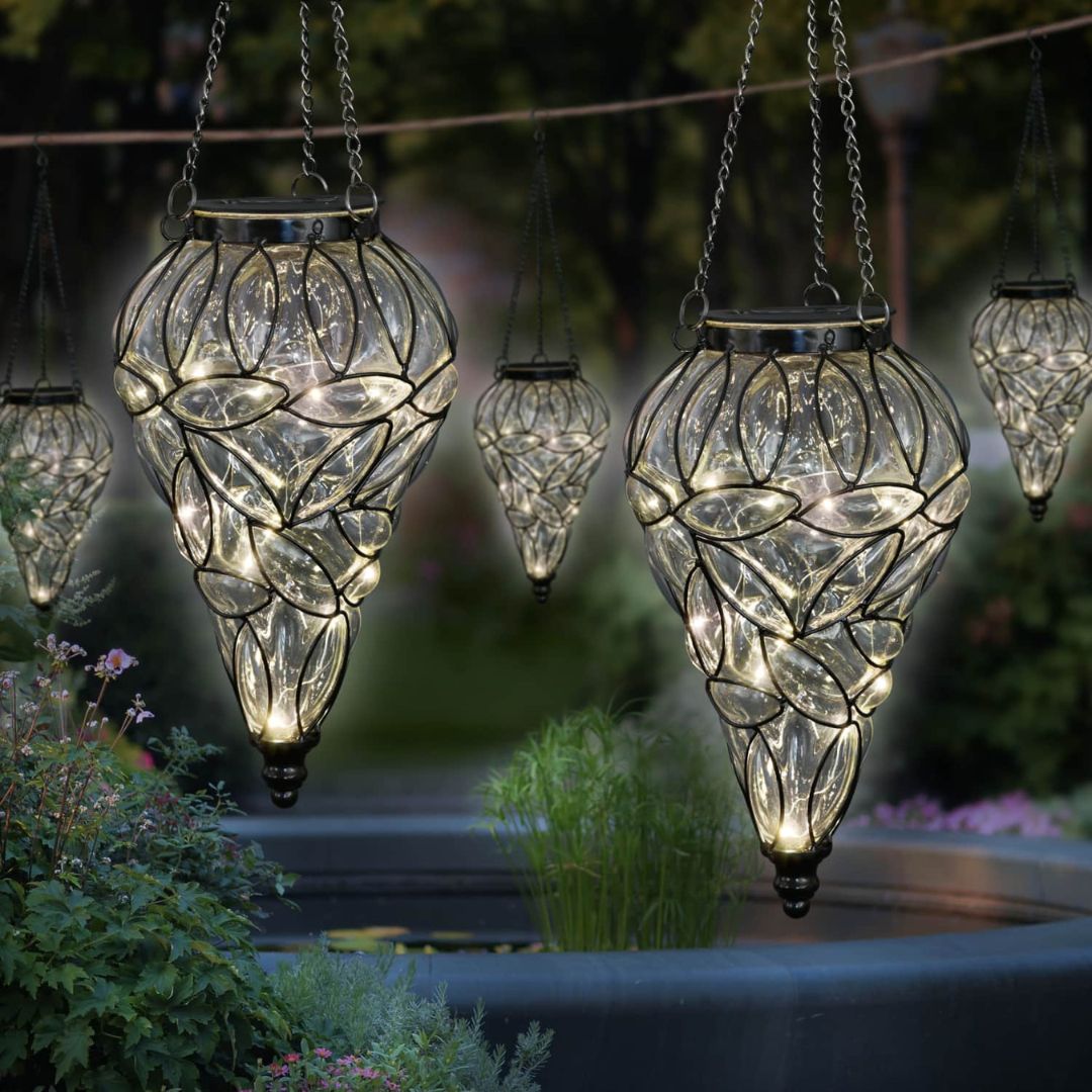 Hangende Solar Lantaarn van Glas met 15 Warm Witte LED-lampjes