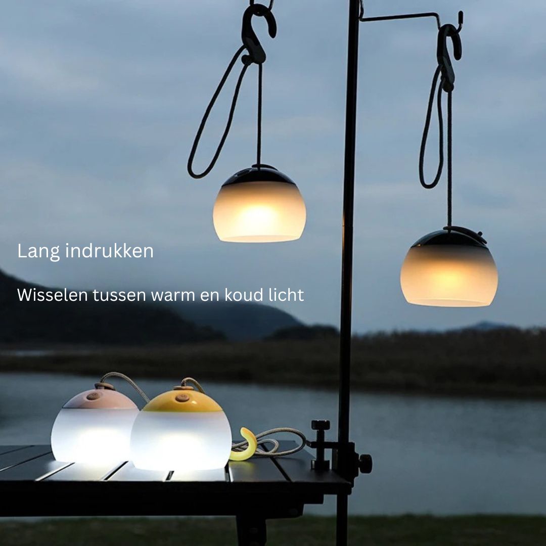 Buitencampinglamp met verstelbaar touw en warme-koude LED-modi