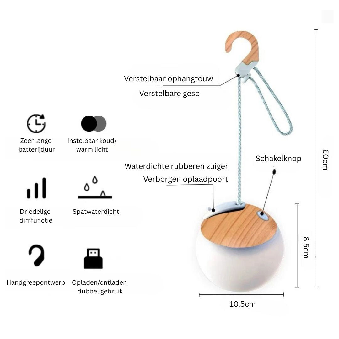 Buitencampinglamp met verstelbaar touw en warme-koude LED-modi