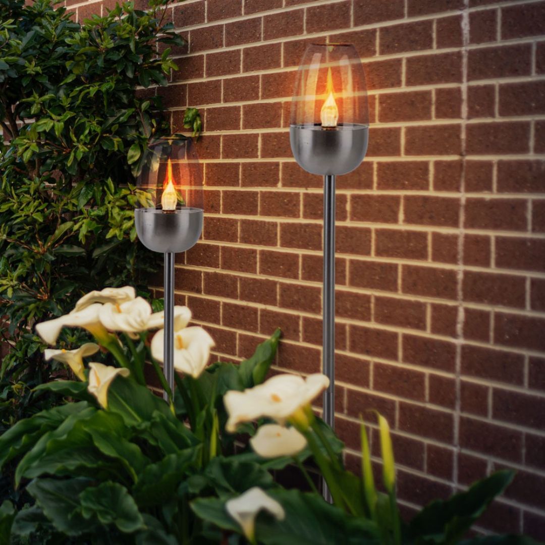 Solar LED Tuinlampen Set Vlam Effect Zilveren Grondspies