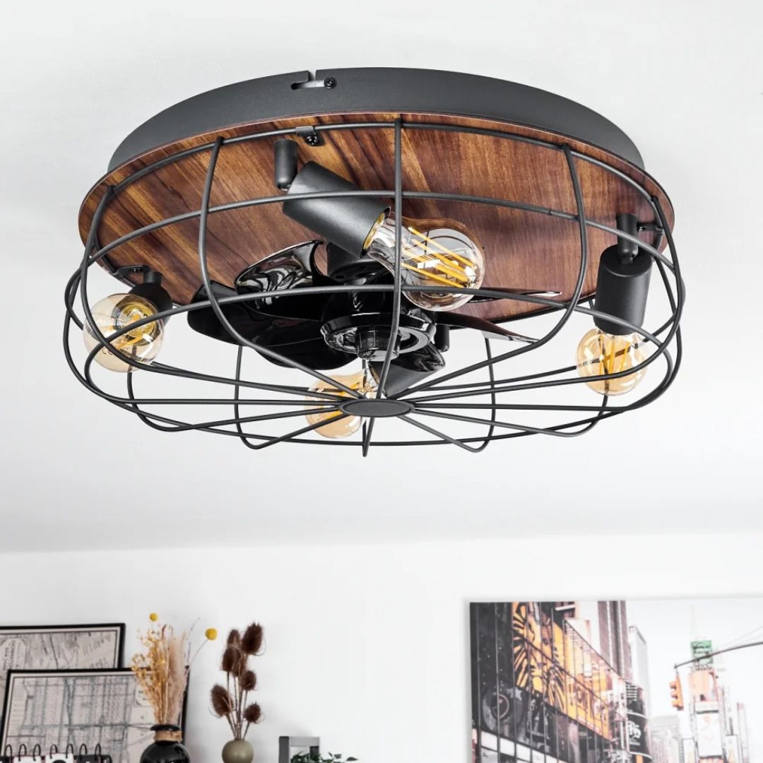 Plafondventilatorlamp met afstandsbediening, 4 fittingen, houtlook, zwart