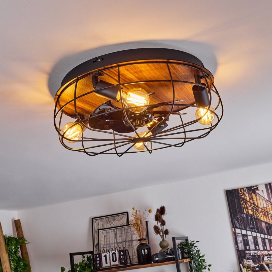 Plafondventilatorlamp met afstandsbediening, 4 fittingen, houtlook, zwart