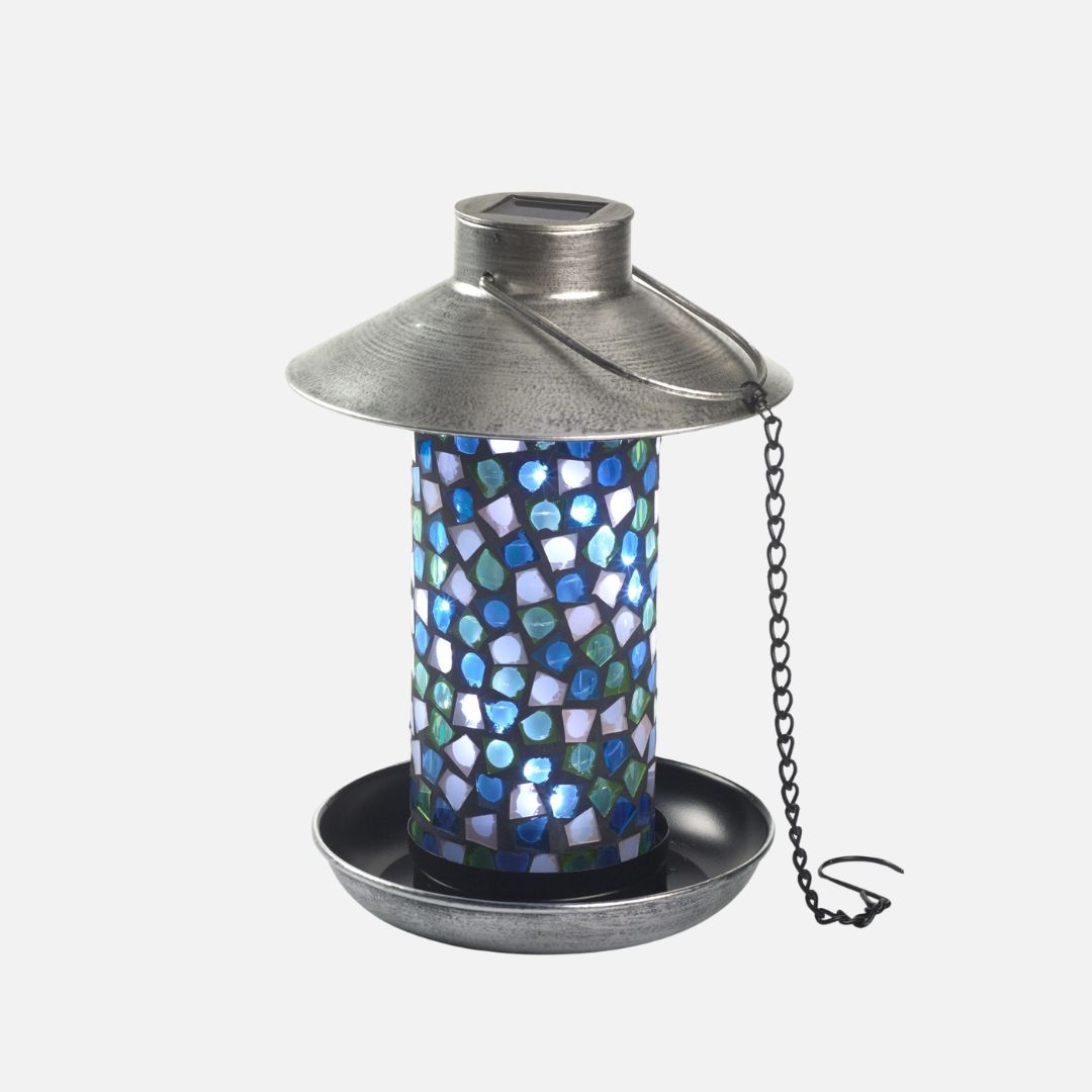 Zonne-energie Vogelvoederlamp met Mozaïekglas en Pewter-afwerking