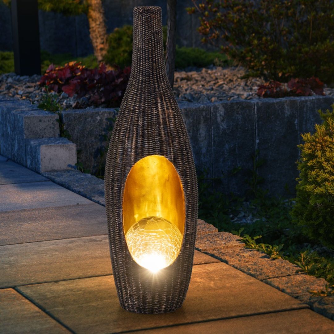Solar LED Rattan Tuinlamp met Glazen Bol Goud