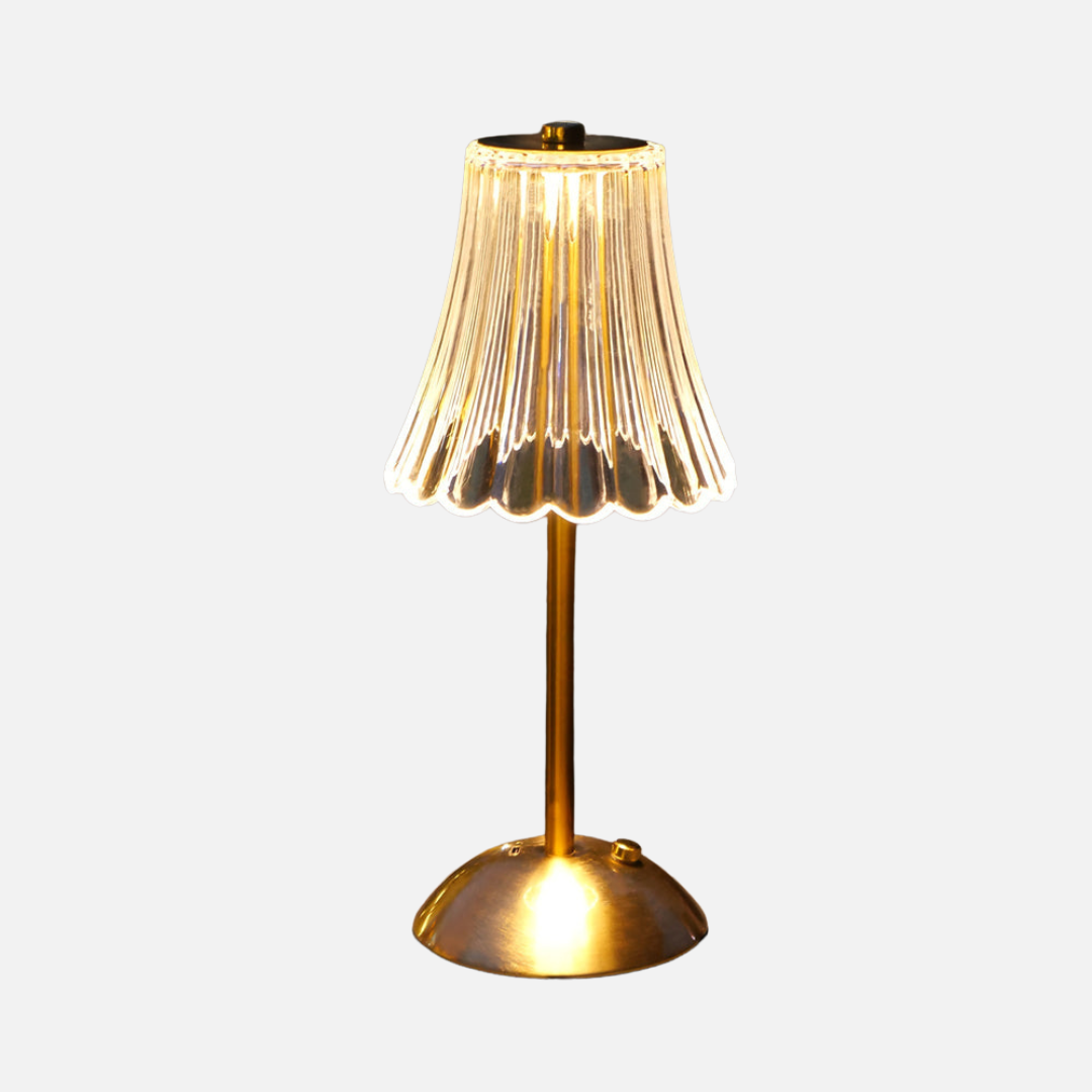 Oplaadbare Draadloze Tafellamp Goud met Plissé Glazen Kap – Vintage Sfeer