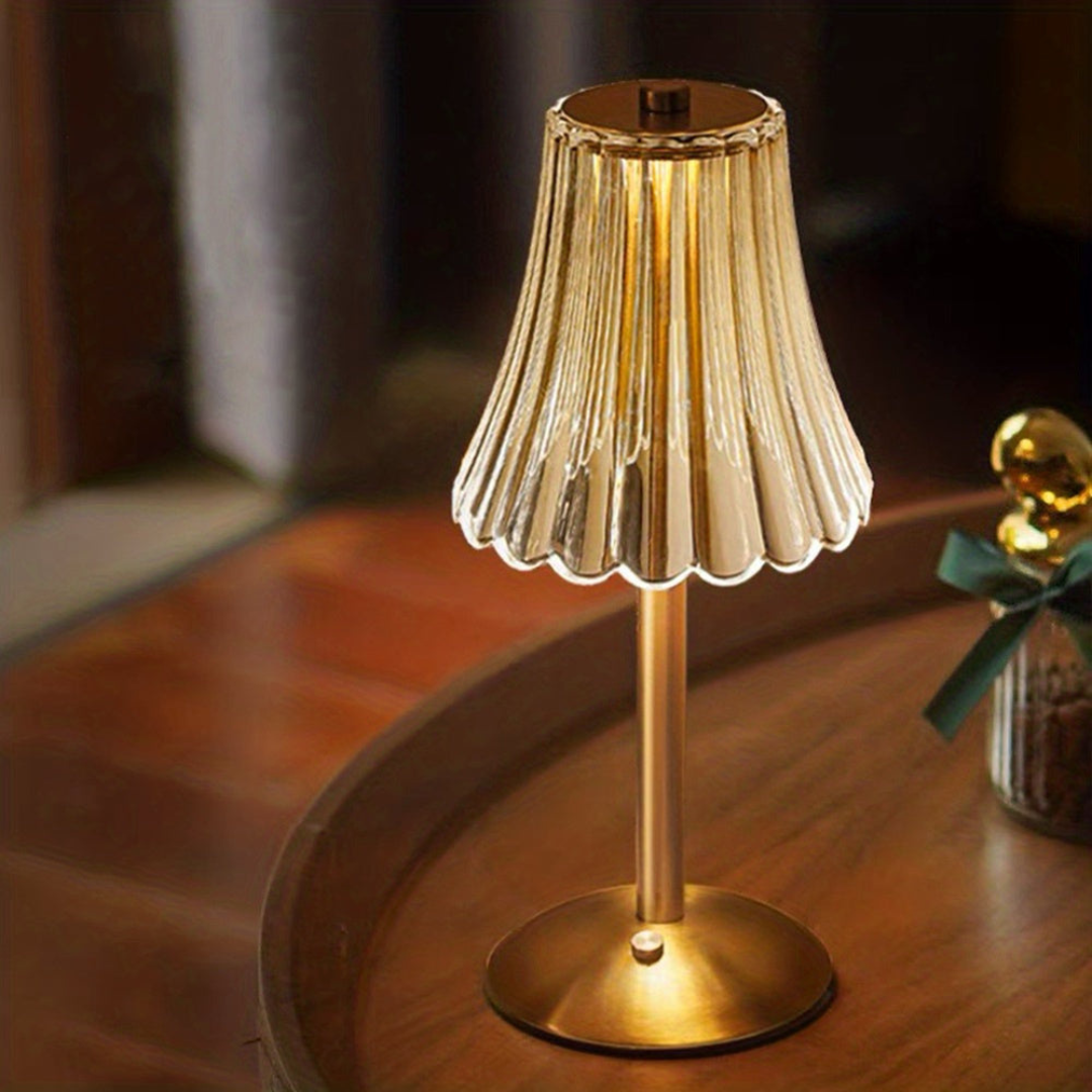 Oplaadbare Draadloze Tafellamp Goud met Plissé Glazen Kap – Vintage Sfeer