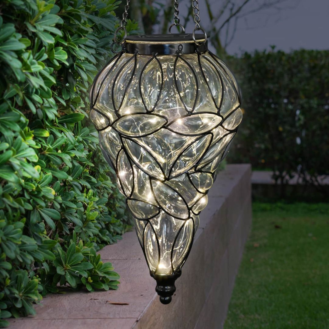 Hangende Solar Lantaarn van Glas met 15 Warm Witte LED-lampjes