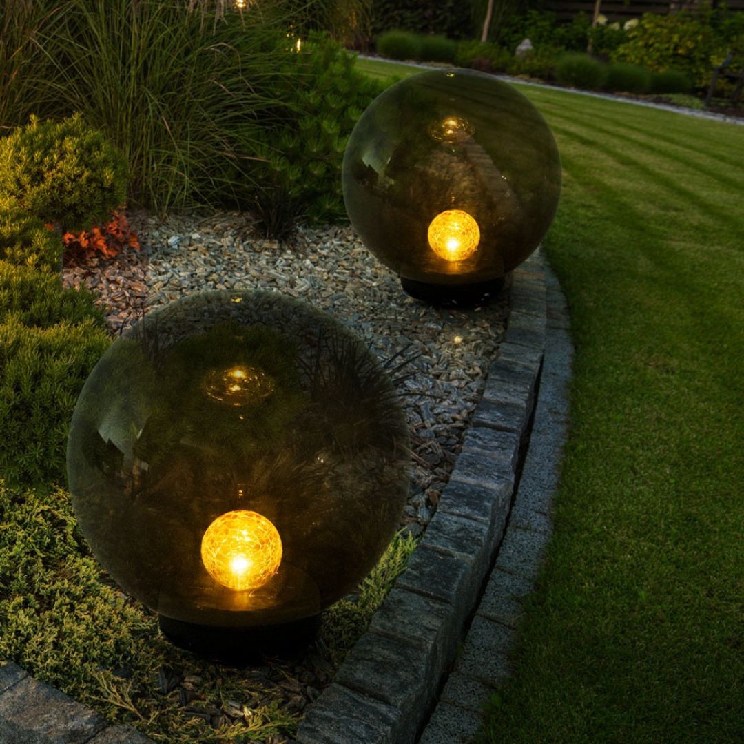 LED Solar Tuinlamp Bol Crackle Glas Zwart IP44