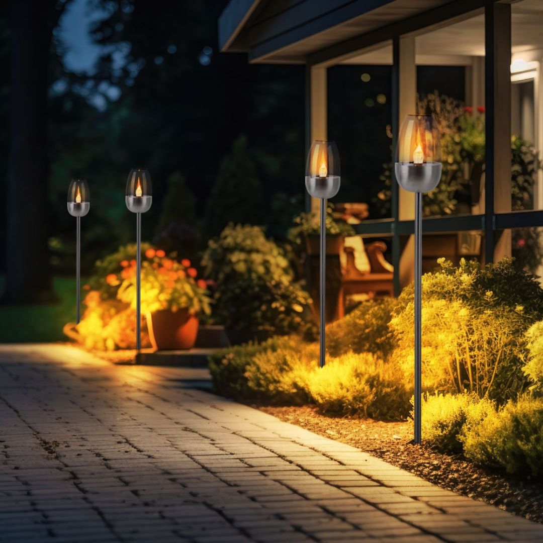 Solar LED Tuinlampen Set Vlam Effect Zilveren Grondspies