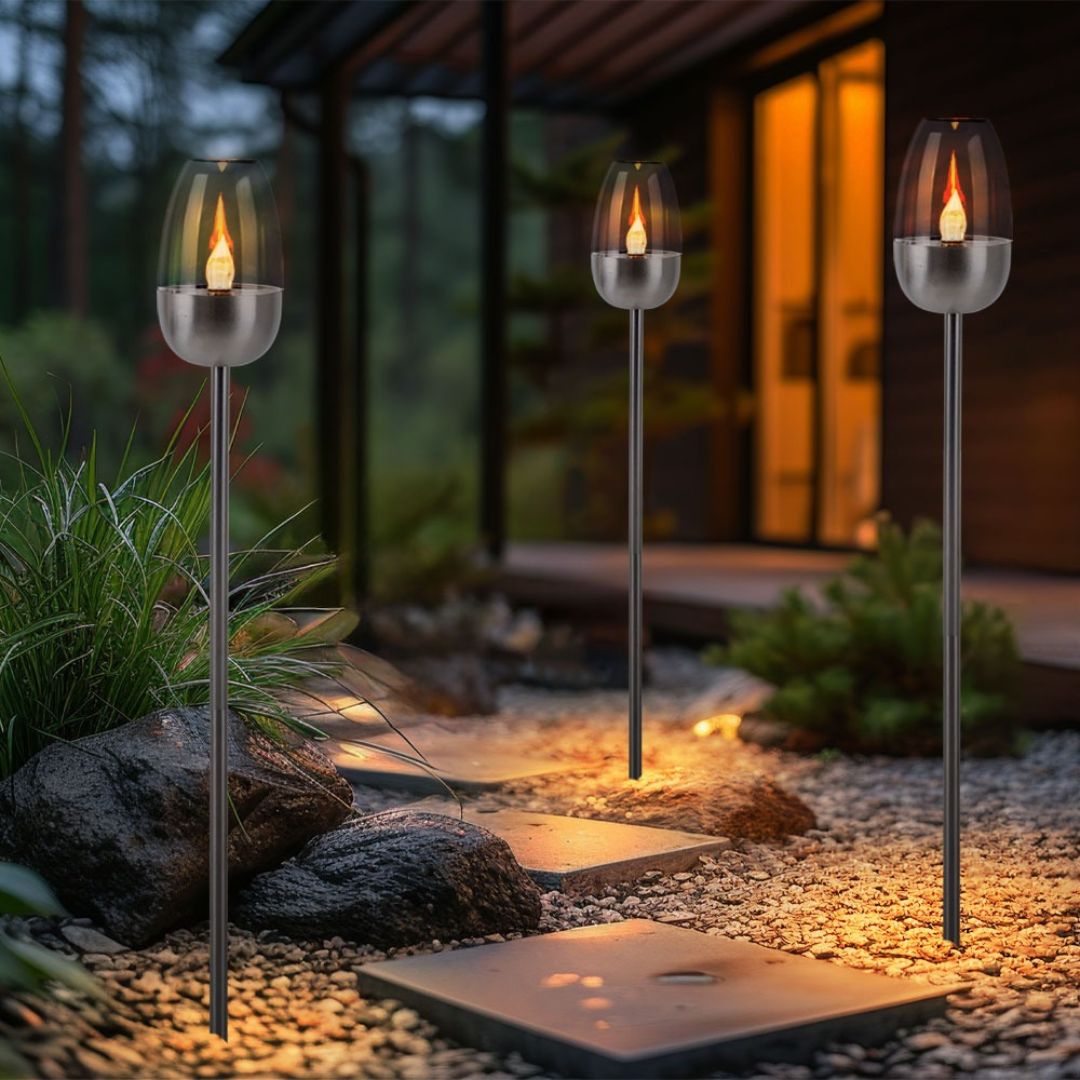 Solar LED Tuinlampen Set Vlam Effect Zilveren Grondspies