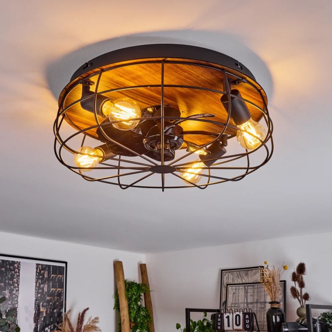 Plafondventilatorlamp met afstandsbediening, 4 fittingen, houtlook, zwart