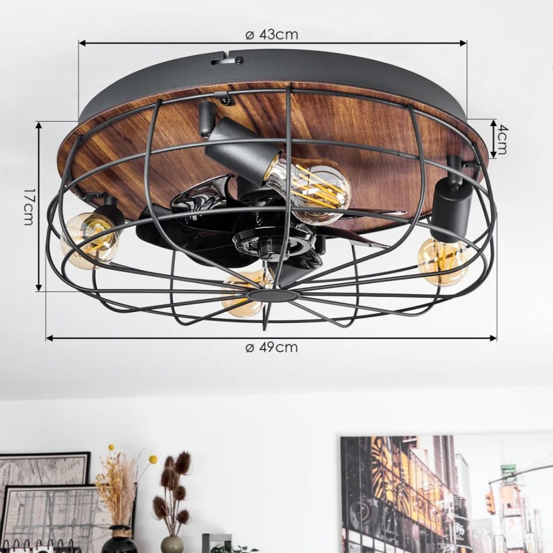Plafondventilatorlamp met afstandsbediening, 4 fittingen, houtlook, zwart