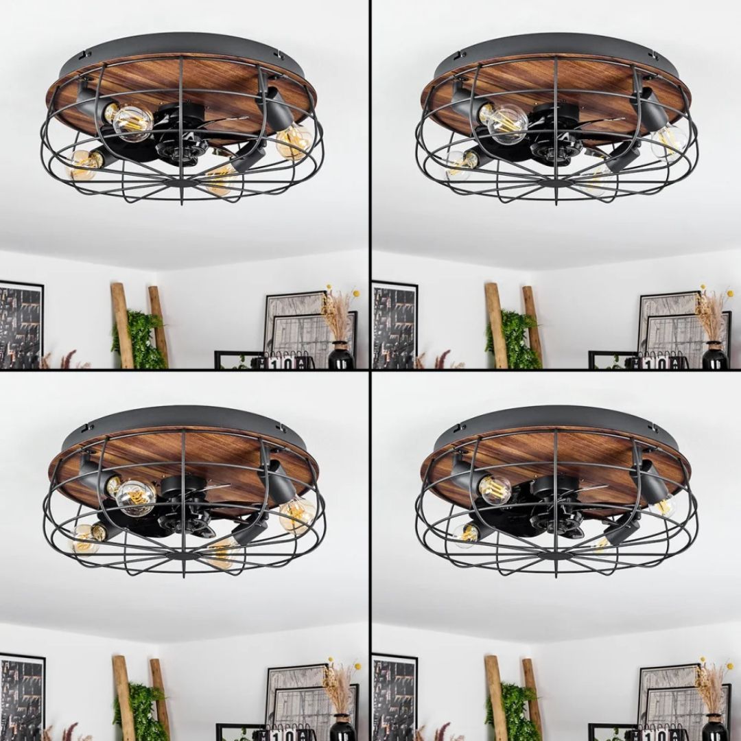 Plafondventilatorlamp met afstandsbediening, 4 fittingen, houtlook, zwart