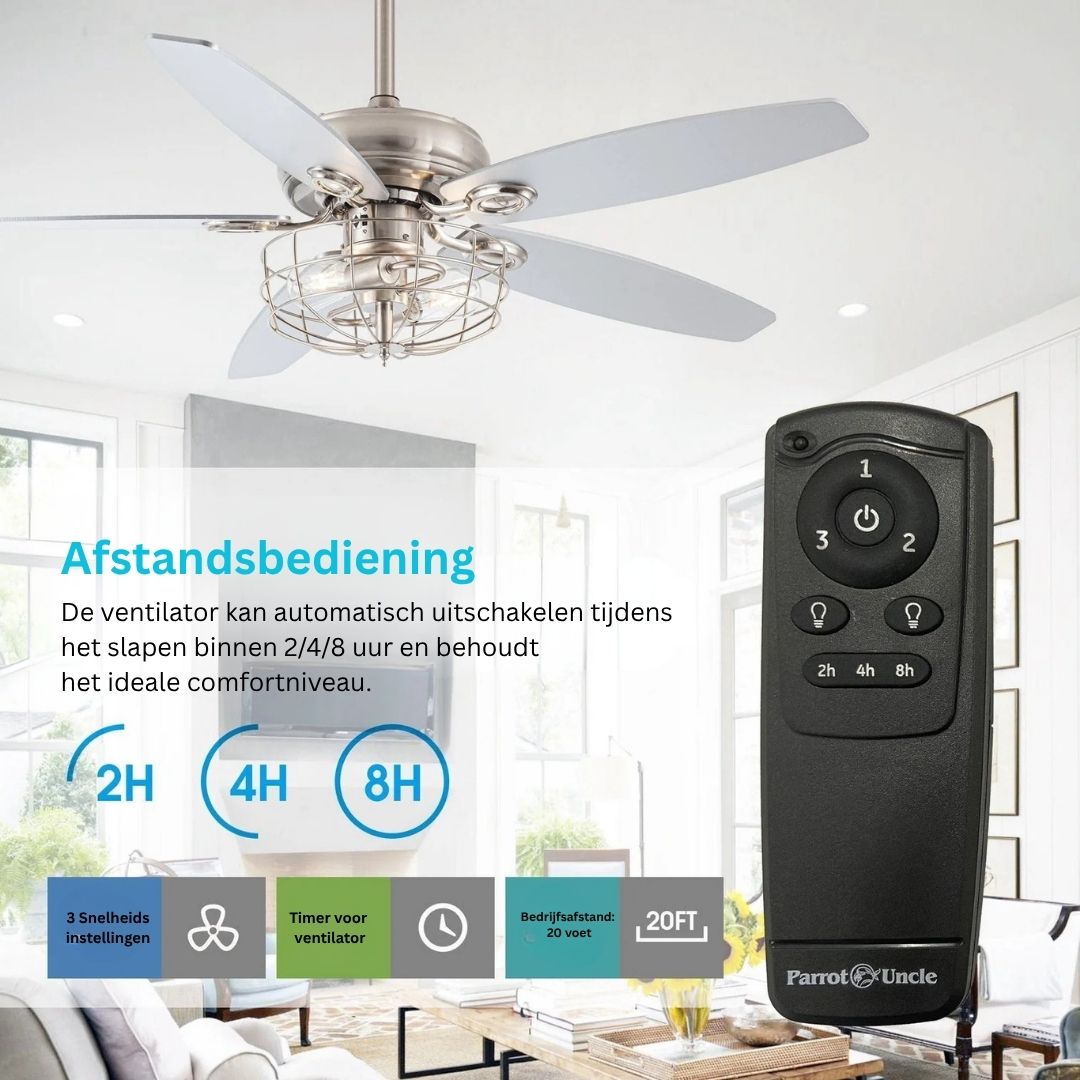 Omkeerbare Plafondventilator met Lamp en Geborsteld Nikkel Afwerking