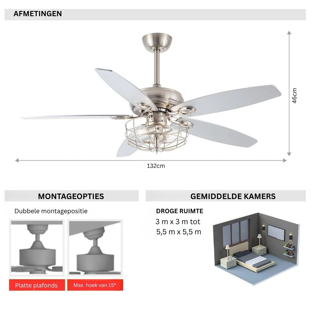 Omkeerbare Plafondventilator met Lamp en Geborsteld Nikkel Afwerking