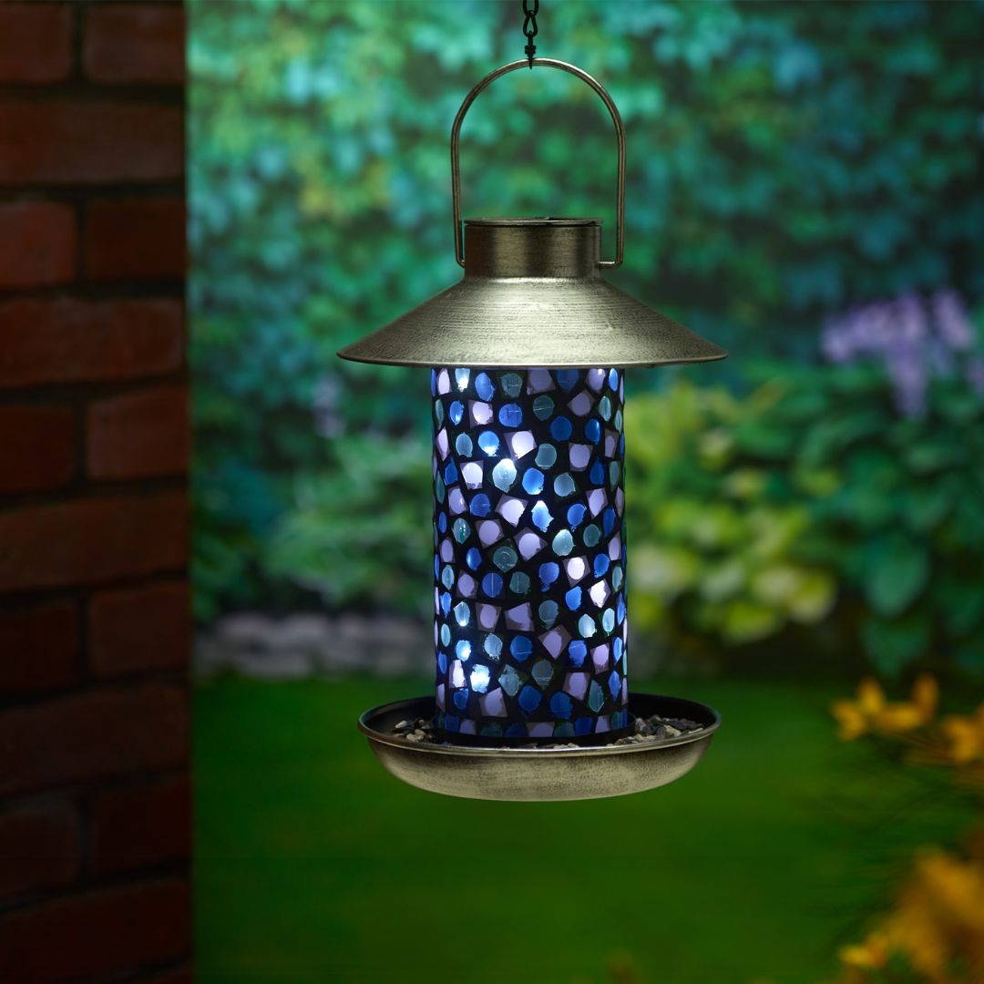 Zonne-energie Vogelvoederlamp met Mozaïekglas en Pewter-afwerking