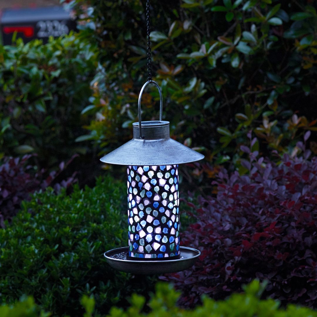 Zonne-energie Vogelvoederlamp met Mozaïekglas en Pewter-afwerking