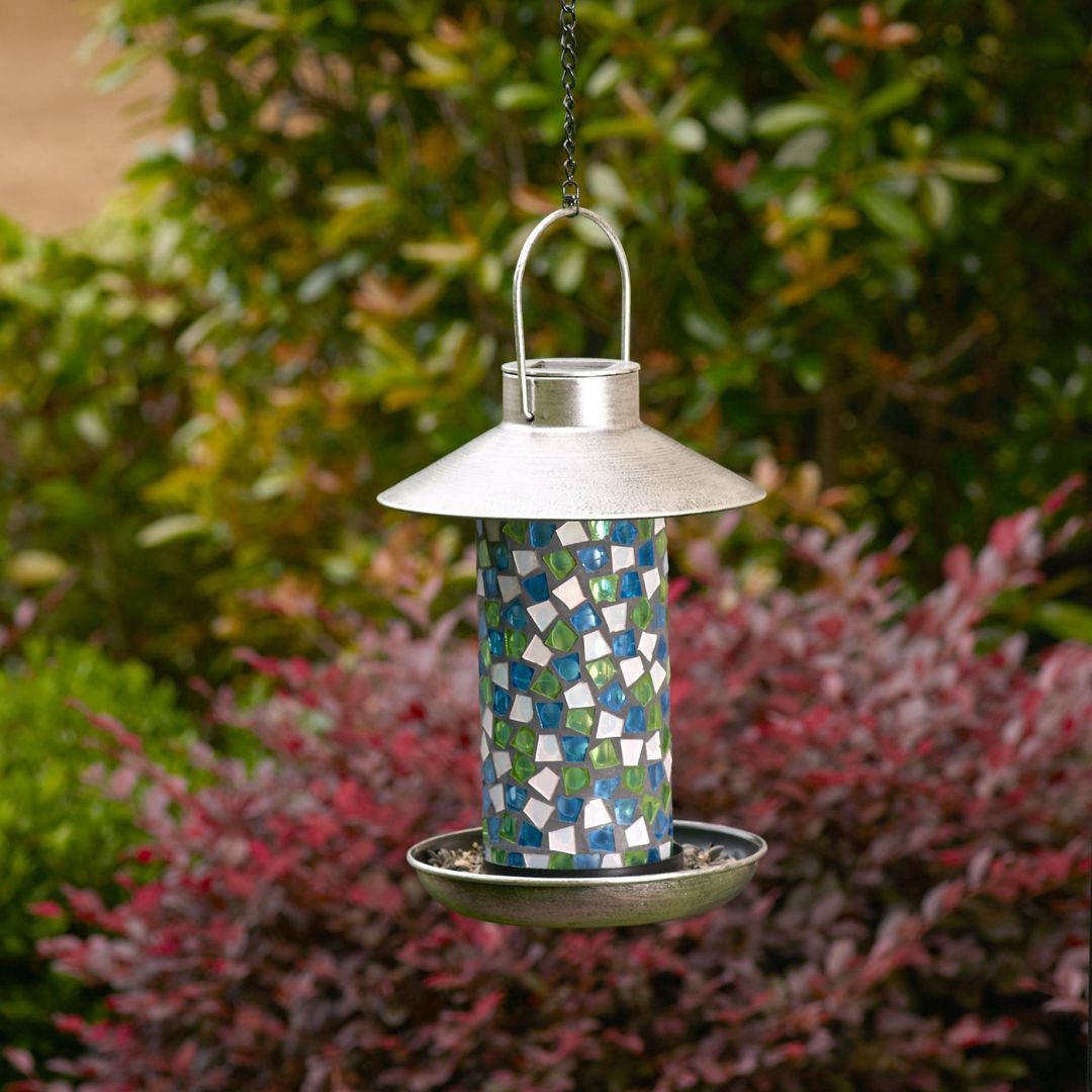 Zonne-energie Vogelvoederlamp met Mozaïekglas en Pewter-afwerking