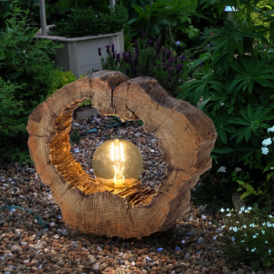 Solar LED Boomschijf Lamp, Houtlook, 30,5 cm Warm Wit