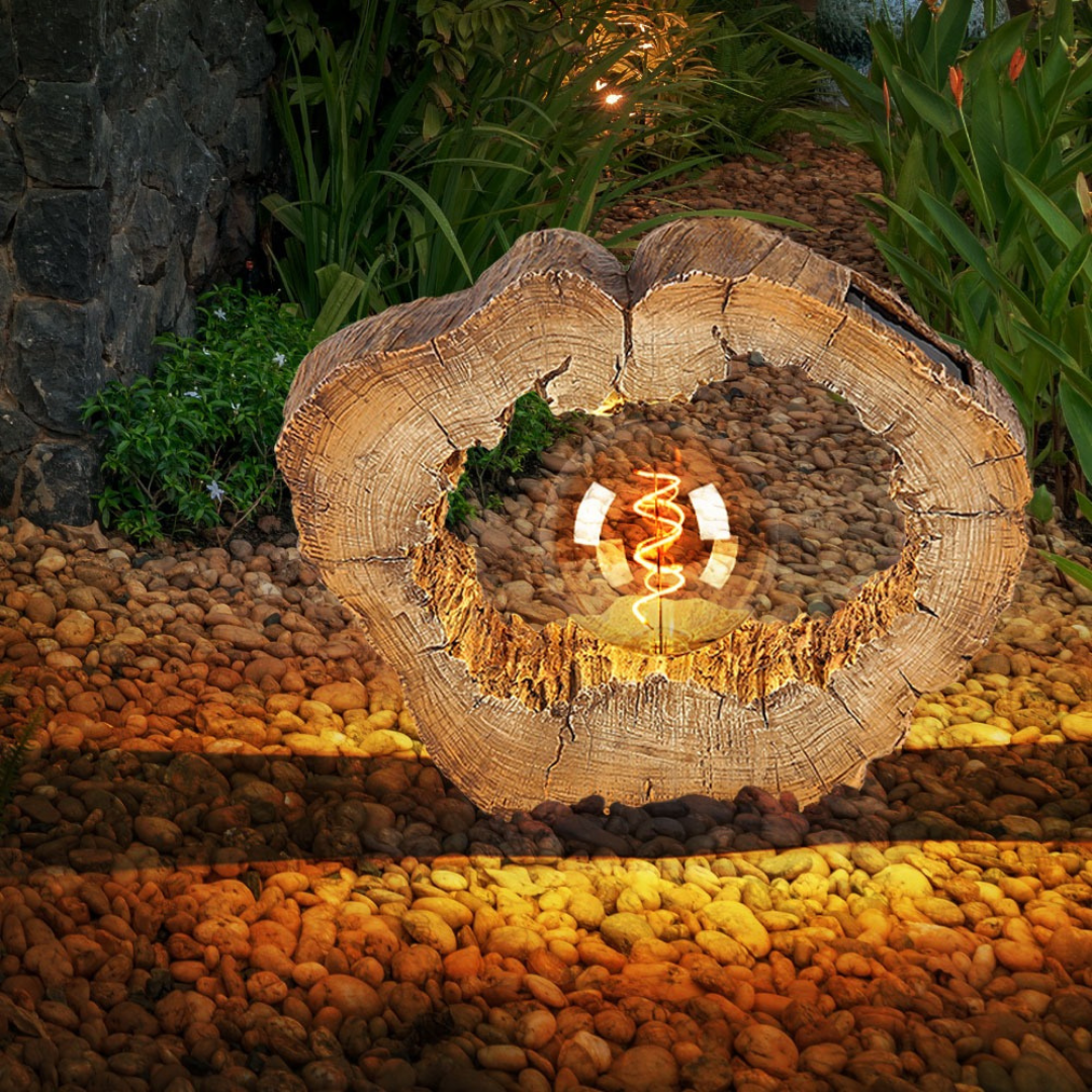 Solar LED Boomschijf Lamp, Houtlook, 30,5 cm Warm Wit