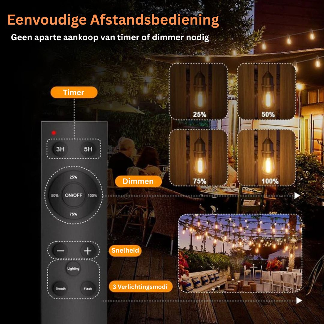 Solar Festoon Tuinverlichting 15m Draadloos IP65 Weerbestendig